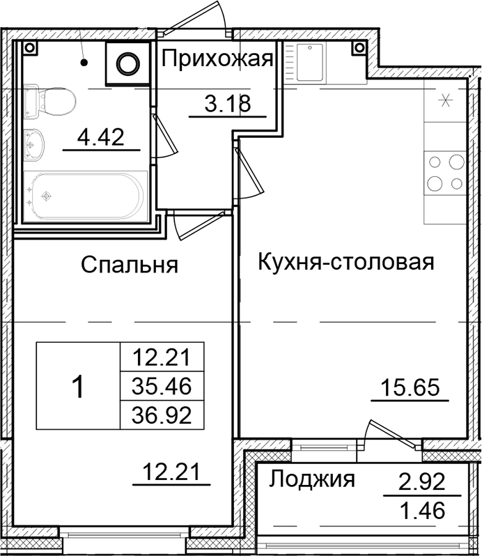 1-комнатная квартира 36.92 м², 2/9 эт., ЖК «Квартал Заречье»